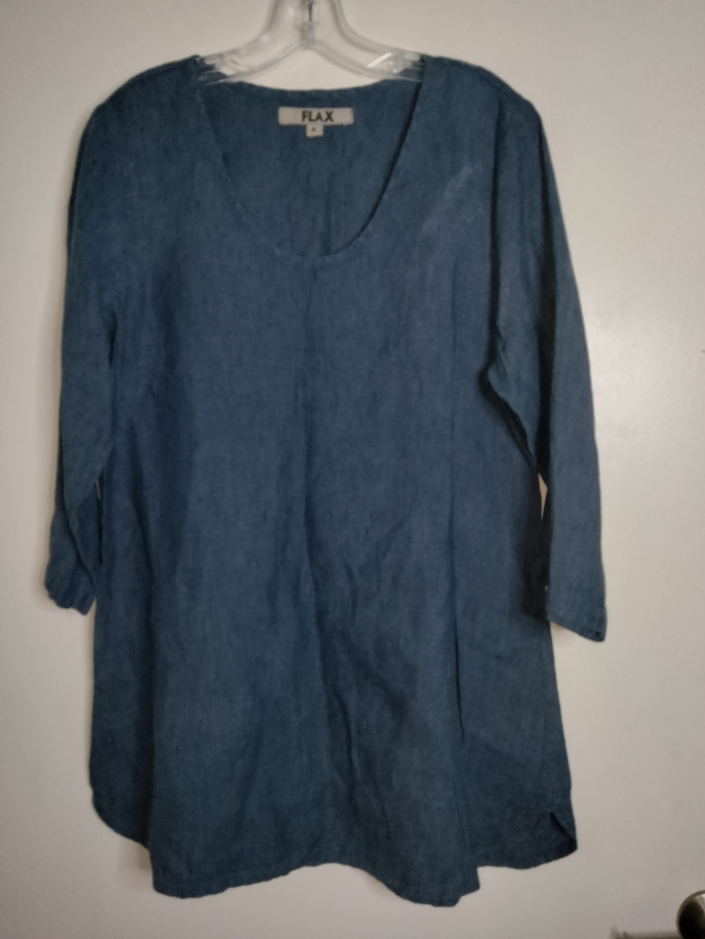 FLAX (Size S) Navy Blue 100% Linen Scoop Neck Long Sleeve Lagenlook Tunic